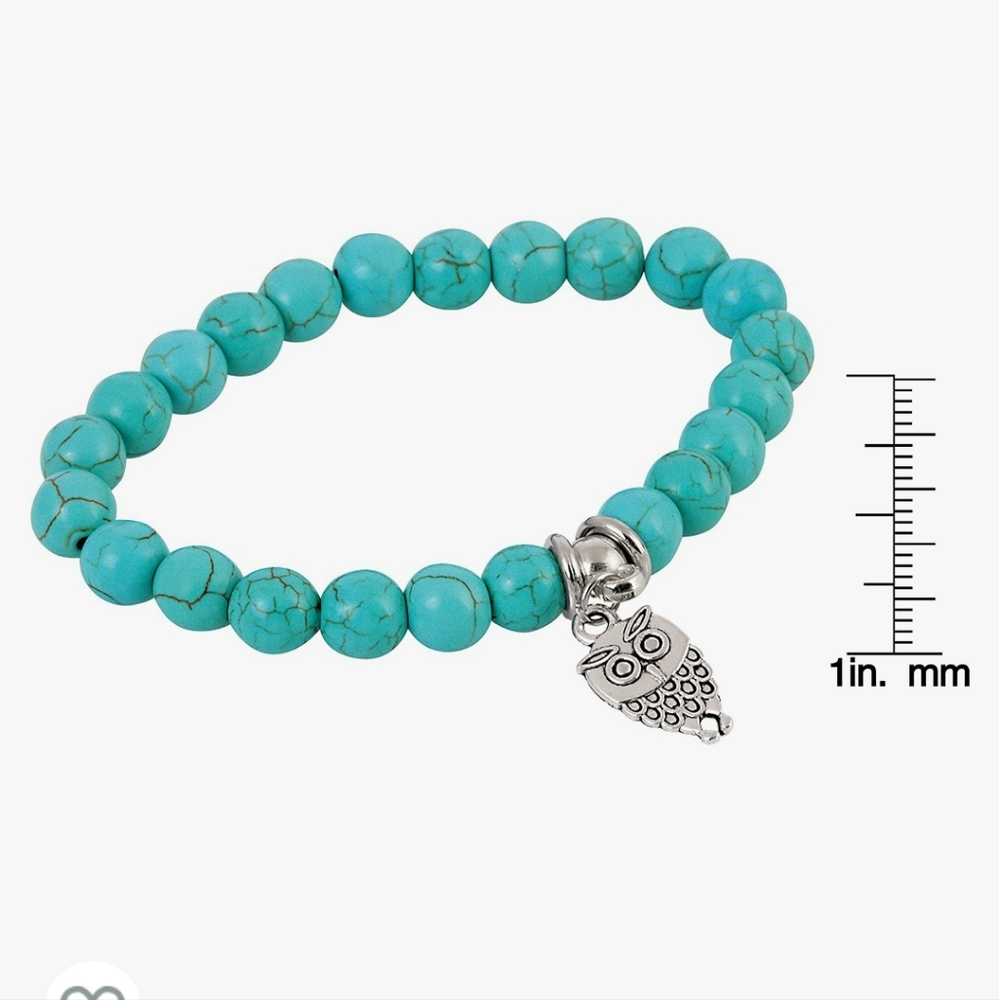 Turquoise Owl Charm and Beaded Stretch Bracelet - Picture 4 of 6